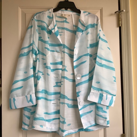 Truth + Style Woven Jacquard A-Line Jacket Topper White Aqua SZ L - Picture 12 of 16